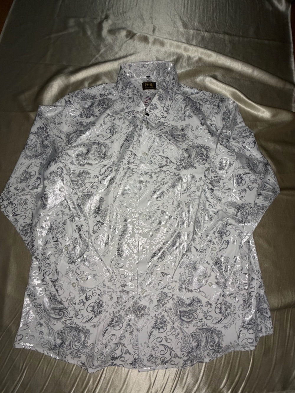 Barry.Wang Men's Silver Paisley Floral Long Sleeve Button Down Shirt, XL NWT